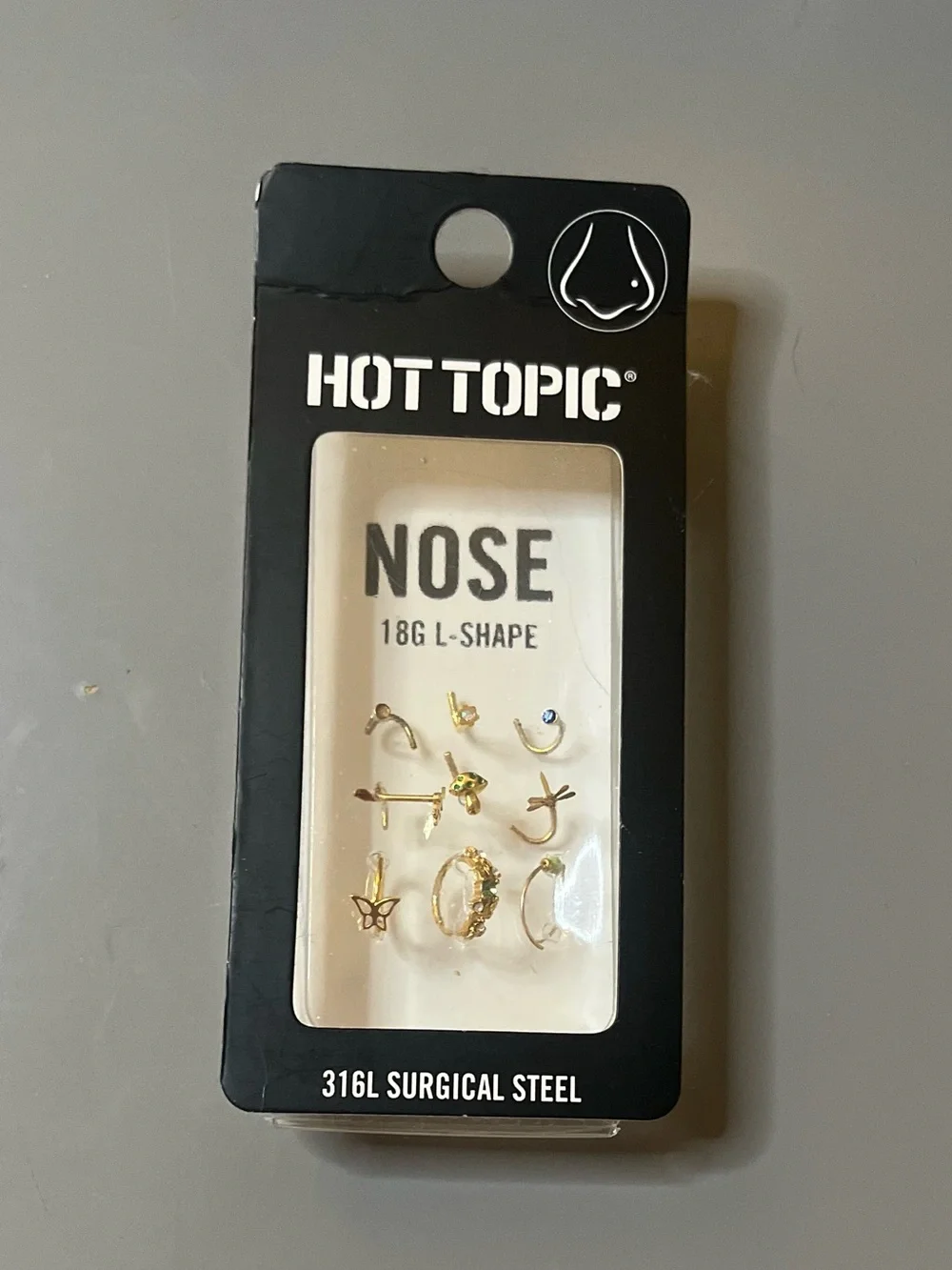 Hot Topic Nose Stud Set 9 Pack 18G L-Shape Gold Butterfly Mushroom NWT